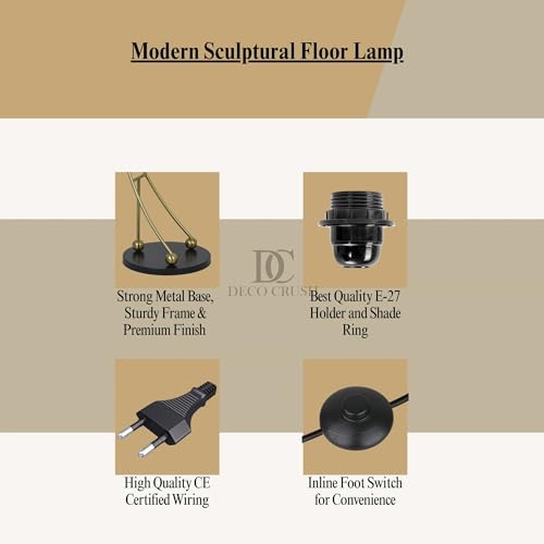 Image of Deco Crush Modern Sculptural LED Floor Lamp Standing Brass Plating Antique Finish Gold 5.5ft Height with Matte Beige Lampshade.