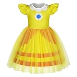 Marendyee Princess Peach Rosalina Daisy Costume Dress for Girls Christmas Gift Tulle Mesh Cosplay Dresses (Yellow,6-7 Years)