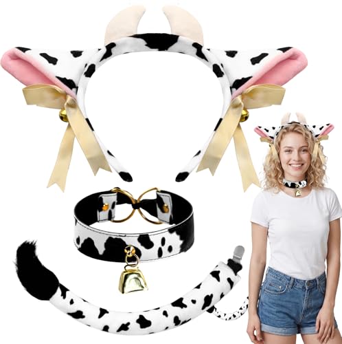 Dokeawo Cow Costume Accessories for Women - Cow Ears Headband Tails & Cowbell Necklace Choker for Adult Costumes Outfit Bell Collar Costumes Accessory for Halloween & Animal Cosplay