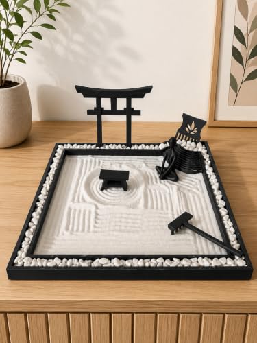 Image of Desktop Zen Garden Set, Japanese Style Meditation Sand Garden in Black PLA with mini Torii Gate and Rake, Table Decor, 300x270mm