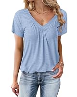 WNEEDU Summer Ladies T Shirts - V Neck Short Sleeve Casual Blouses for Women UK Loose Fit with Bubble Hem Tops Sky Blue L