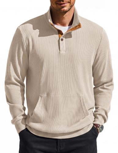 COOFANDY Men's Long Sleeve Corduroy Pullover Sweatshirt with Quarter Button – Beige