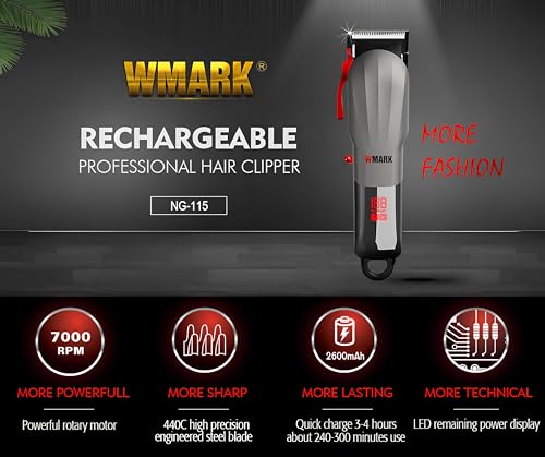 Image of WMARK Ng-115 Professional Zero Gapped Hair Clipper Self Sharpening Blade 7000 Rpm Magnetic Motor Charging Adaptor 4 Guide Comb Taper Lever Adjustments For Close Cut Trimming For Men,Grey