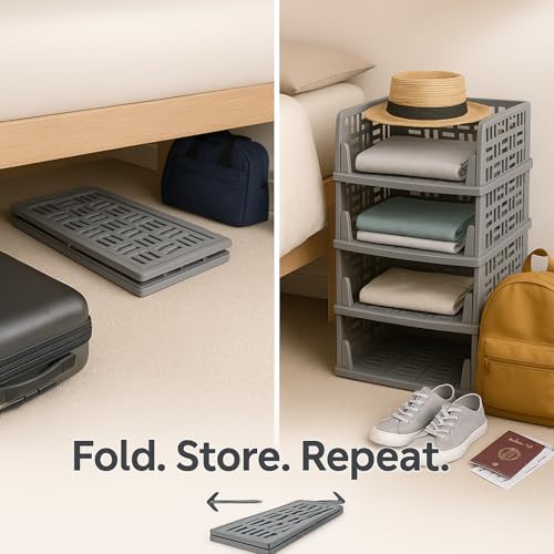 Image of Foldable Drawer Organizer with Stackable Storage Boxes for Wardrobe & Cupboard | Multipurpose Space Saving Storage Bins for Clothes, Toys, Books & Daily Essentials, Grey (Pack of 3)
