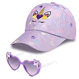 BTHRORO Einhorn Basecap Sonnenbrille Set für Mädchen, Verstellbare Kinder Baseball Cap Herz Sonnenbrille Kinder Baseballkappe Sommer Accessoires Geschenk für Mädchen
