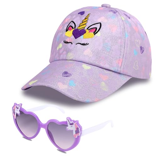 Image of BTHRORO Girls Baseball Cap Sunglasses Set, Unicorn Baseball Hat Adjustable Trucker Cap Heart Sunglasses for Girls Sun Hat for Kids Ages 3-8 Purple
