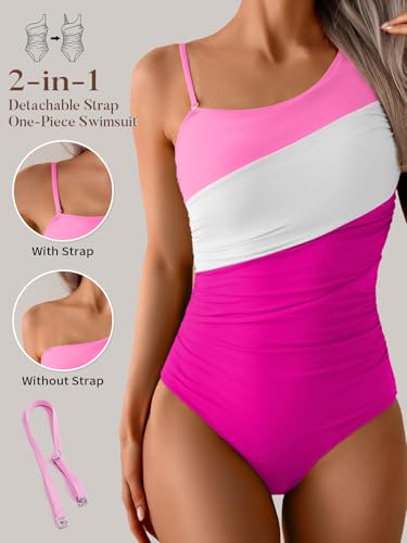 Image of Aidonger One Shoulder One Piece Swimsuit for Women Tummy Control Bathing Suits Color Block Ruched Swim Suit Slimming Swimwear
