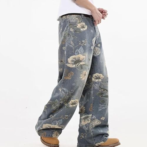 Y2K Baggy Jeans Mens Flower Print Graphic Jeans Wide Leg Grunge Jnco Pants Vintage Floral Harajuku Denim Pants4
