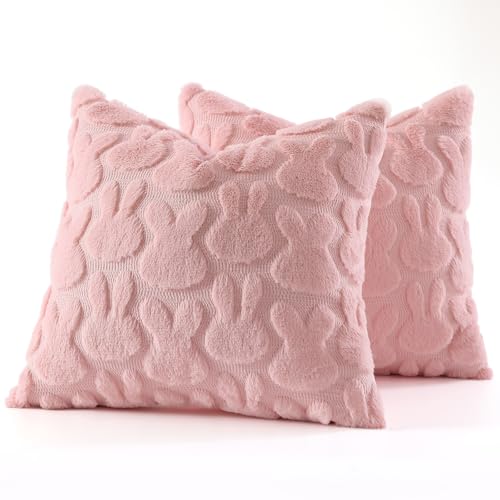 Image of decorUhome Easter Bunny Pillow Covers 20x20 Inch Set of 2, Soft Plush Faux Wool Jacquard Pink Rabbit Cushion Covers, Farmhouse Neutral Spring Easter Holiday Decor for Couch Sofa Bed