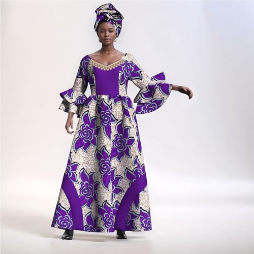 Image of iooiooi Womens African Print Party Maxi Dress Tradition Dashiki Ankara Long Dress & Headwrap
