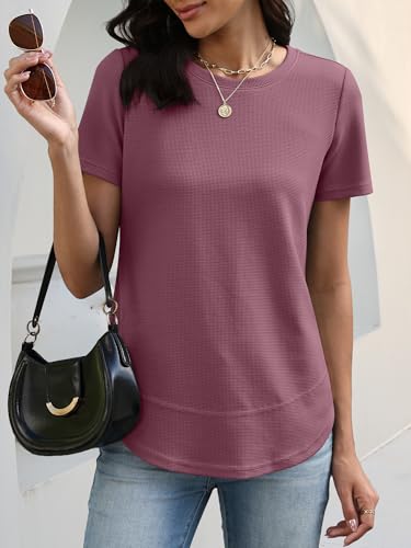 Image of ANRABESS Womens Waffle Knit Tops Short Sleeve Crewneck Shirts Curved Hem Summer Dressy Casual Blouses Spring Fashion Clothing