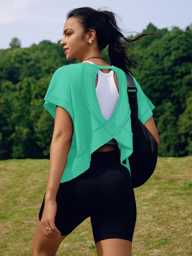 Image of SENSERISE Womens Open Back Workout Tops Backless Short Sleeve Athletic Shirt Running Crop Top Gym Yoga Tee