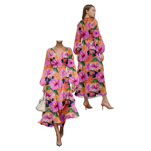 Spring and Autumn Women's Dress Long Sleeve V-Neck A-line Dress Fashionable and Elegant Dress Casual Floral Print3