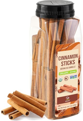 Soeos Cinnamon Sticks Organic, 8 Oz (226G) Bottle, Usda, Non-Gmo And Kosher Certified, Premium Whole Cinnamon For Baking, Cooking, Desserts, And Beverages, Rich Aroma & Warm Flavor, Ideal For Tea, Coffee, And Holiday Recipes