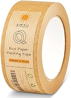 Koju Kraft Paper Packing Tape 48mm x 50m | Single Roll | Eco Friendly & Recyclable Brown Paper Tape for Packaging Parcels & Moving House Boxes | Strong, Heavy Duty Paper Parcel Tape