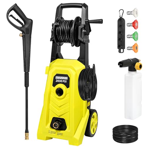 WXNANY 2030 Max PSI 1.76 GPM 14.5-Amp Electric High Pressure Washer 1800W for Cars Fences Driveways Patios with 4 Interchangeable Nozzles, Foam Cannon and Hose Reel, Yellow