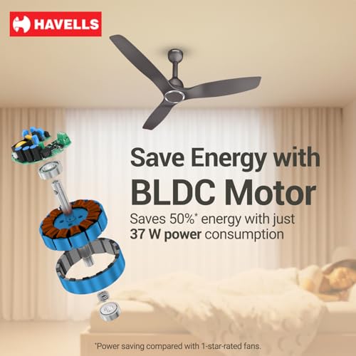 Image of Havells Stealth Slim BLDC 1200 mm Ceiling Fan | Remote Controlled, High Air Delivery Fan | 5 Star Rated, Upto 50% Energy Saving, Reverse Rotation, 2 Year Brand Warranty | (Pack of 1, Smoke Brown)