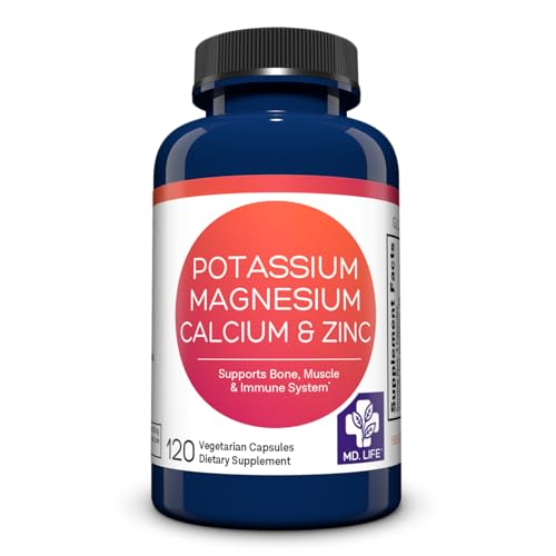 MD. Life Potassium Magnesium Zinc Calcium Supplement – Supports Bone Health & Muscle Health – Promotes Calcium Absorption and Immune Function – Magnesium Potassium Zinc Aspartate - 120 Capsules