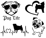 Pug Decal Pack: Pug Life, Heart Silhouette, Detailed Decals (Small 3.5', Black)