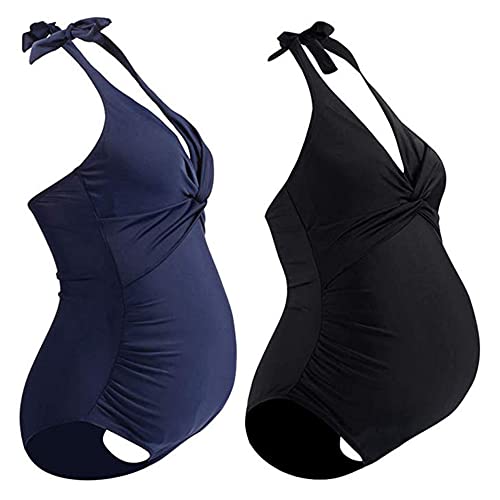 Wiselect Maternity Swimwear One Piece Solid Halter Pregnancy Swimsuit V Neck Bathing Suit With Adjustable Chest Drawstring, Blue, Large #TOP5