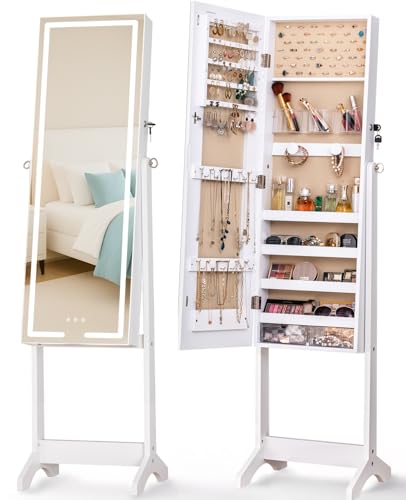 LUXFURNI LED Mirror Jewelry Cabinet Standing Jewelry Armoire, 60' Full Length Mirror with Jewelry...
