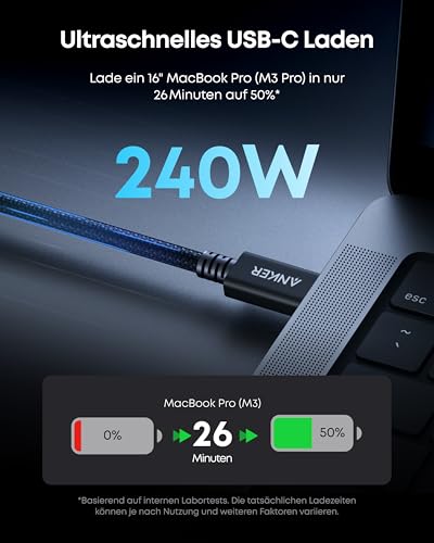 Anker Prime Thunderbolt 5 Kabel, [1 Stück 1m] USB C auf USB C Kabel, 240W Leistung, 80Gbps Datentransfer, Bis zu 120Gbps Bandbreite, 8K/4K Display, Für iPhone 17, MacBook. (Thunderbolt 5 zertifiziert)
