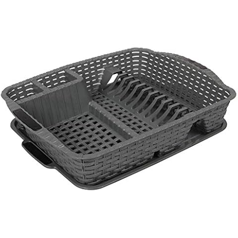 Dish Drainer Rack with Drip Tray. Rattan Style Plastic Plate Cutlery Holder Rack. (Silver) Cover