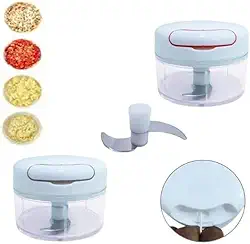 Mini Processador Manual de Alimentos, Triturador com 2 Lâminas em Aço Inox, Base Antiderrapante, Sistema de Corda Retrátil, 8,7 x 6,7 cm, para Verduras, Legumes, Frutas e Alho