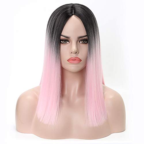 Duacorn Synthetic Hair Wigs for Women 2 Tone Black to Pink Middle Part Straight Heat Resistant Cosplay Costume Hair Replacement Wig For Women