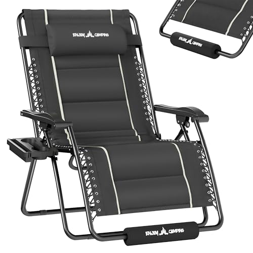 UDPATIO Zero Gravity Chair 33In Oversized XXL Patio Anti Gravity Chairs Outdoor Lounge Folding Adjustable Recliner with Cup Holder, Foot Rest & Padded Headrest,Grey Support 500lbs