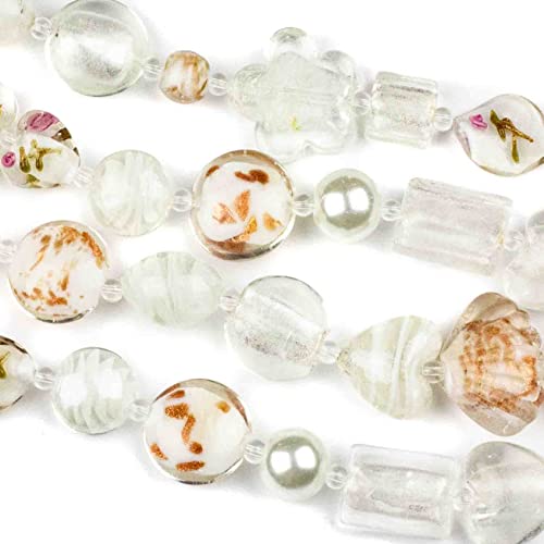 Cherry Blossom Beads Handmade Lampwork Glass – Vibrant White and Clear, 4 Assorted 8-Inch Strands – Perfect for Jewelry Crafting, Bulk Pack