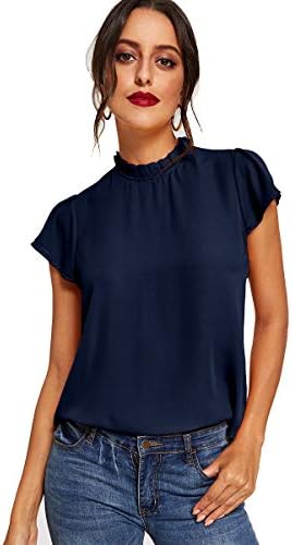 Romwe Women's Elegant Short Sleeve Mock Neck Workwear Blouse Top Shirts Navy M