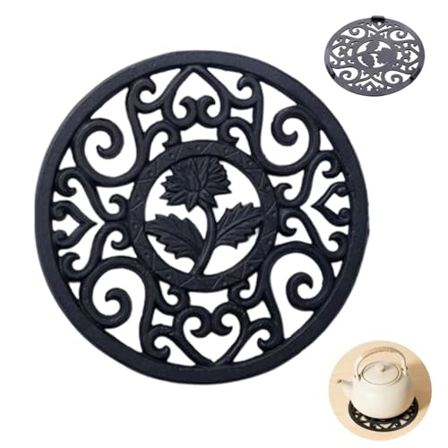GIONAR Cast Iron Trivet for Hot Pots & Pans, 11.5 CM Round Vintage Carved Heat-Insulating Stand, Durable Table & Countertop Prote