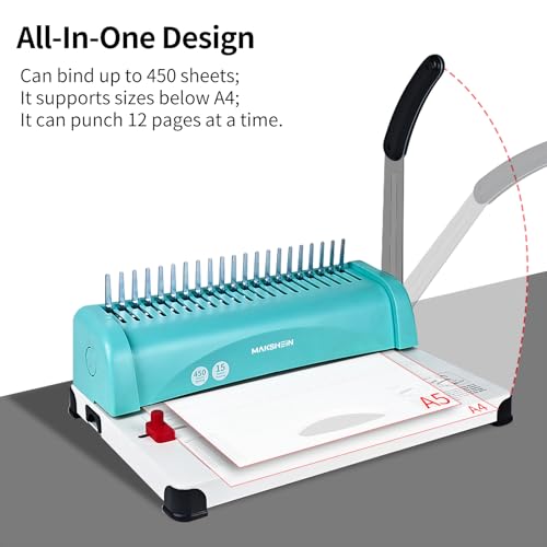 MakShein 21-Hole Comb Binding Machine, 15 Sheets Punch Capacity, 450 Sheets Binding, Compatible with A4, A5 & Letter Paper, Comes with 100pcs 1/4" Binding Spines for Home and Office - Image 3