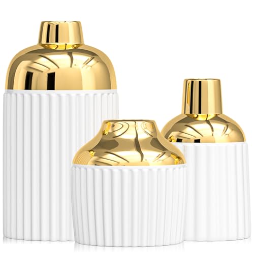 Ensemble de 3 vases en céramique dorée pour la décoration intérieure – Vases décoratifs Modernes pour Fleurs, Herbe de la Pampa et Eucalyptus – Design côtelé et esthétique (Blanc)