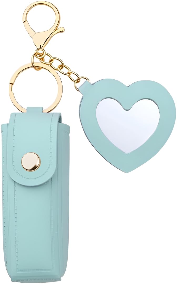 Lipstick Holder Keychain with Heart Mirror for Women, Portable Lip Balm Case & Makeup Pouch, Handbag & Purse Accessory