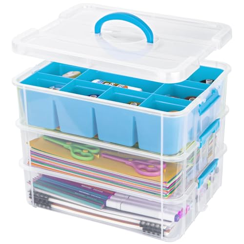 Creahaus Opbergdoos met 3 verdiepingen met deksel voor knutselwerk, stapelbare opbergdozen met afneembaar dienblad voor knutselmateriaal, naaidoos, sorteerdoos, naaigaren opbergdoos (blauw)