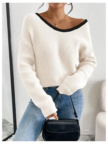 Women's Bowknot Ribbed Knit Sweaters Long Sleeve Crewneck Color Block Dressy Pullover Tops3