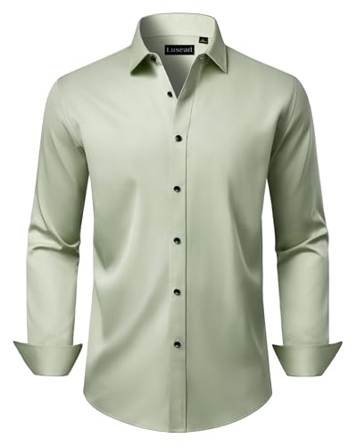 Lusead Sage Green Dress Shirt Men Slim Fit Stretch Wrinkle Free Outdoor Wedding Prom Long Sleeve Button Down Shirt Men Easter