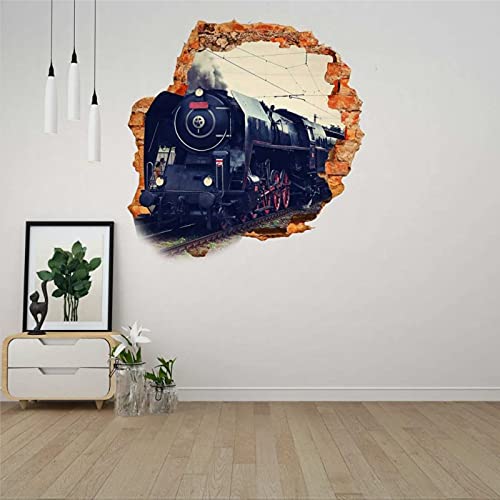 Black Locomotive Wall Hole Decal 3D Stickers Home Decor Mural Wall Railway Engine Brick Hole Wall Decal Train Broken Wall Stickers Mural Smashed Wall Art Removable Poster Vinyl Decals,32'' Sd401 #TOP9