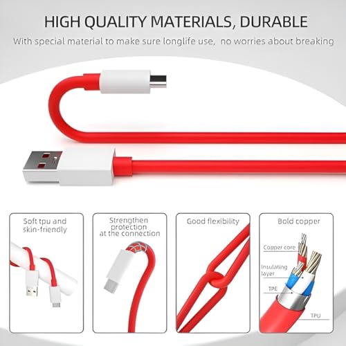 Image of Oneplus 80W Original Supervooc USB Type C Fast Charging Cable for Adapter 12 /12R /11 /11R /10 Pro /10R /10T /9 /9R /9Rt /8 /7 /6 /5 /4 /Nord Ce 4 /Ce3 /Ce 3 Lite /Nord 4 /3 /2 /2T /Ce 2 /Ce2 Lite 5G, Support 65W /30W, Red