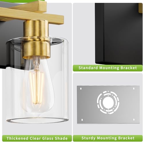 Image of Bathroom Vanity Light,3 Light Matte Black and Gold Light Fixture with Thickened Clear Glass Shade, 21 inch Modern Wall Sconce, Bathrooms Vanity Light Over Mirror for Bathroom