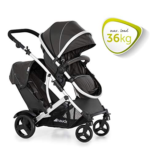 Hauck Geschwister Kinderwagen Duett 2 / Buggy für 2 Kinder / Sitz Oben Umbaubar in Baby Wanne für Neugeborene/ Regen Verdeck inkl. / Belastbar bis 36 kg / Faltbar / 1 Stück (1er Pack), Forest Schwarz