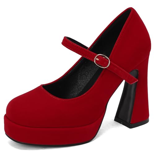Bviennic Women's Chunky Platform Mary Janes Buckle Strap Round Toe Fashion Party Evening Heels Red Size 7 US/39