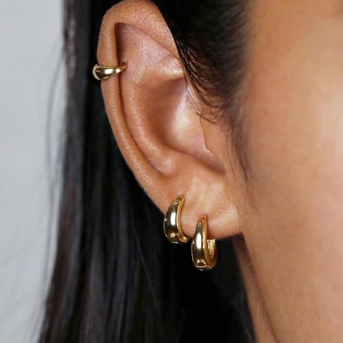 JUANKIKI 14K Gold Plated Hoop Earrings Set 3Pairs for Women Chunky Earring Hypoallergenic Small Huggie Hoops Lightweight Tiny Thick Trendy Hoop Earrings Stacks for Multiple Piercing — view 3
