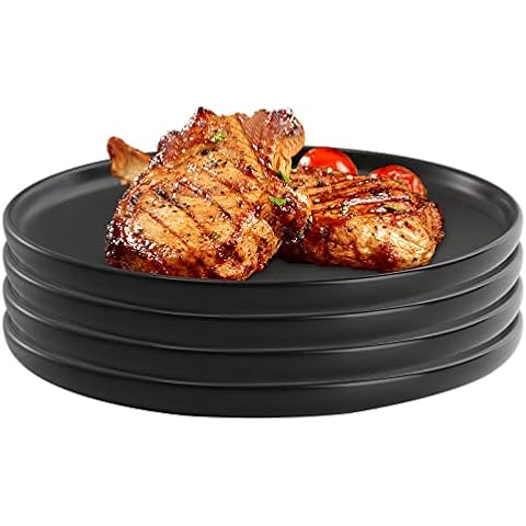 ZENFUN Set of 4 Porcelain Dinner Plates, 10 Inch Matte Ceramic Dish Steak Plates, Elegant Large Round Serving Plates for Salad, Pasta, Pizza, Dishwasher & Microwave Safe, Black Cover