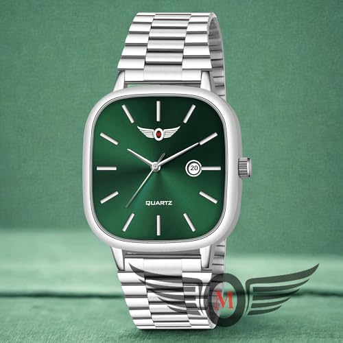 Image of Minimalist Men's Square Dial Watch with Date | Comfortable Stainless Steel Quartz Analog Wristwatch | Casual & Formal Timepiece