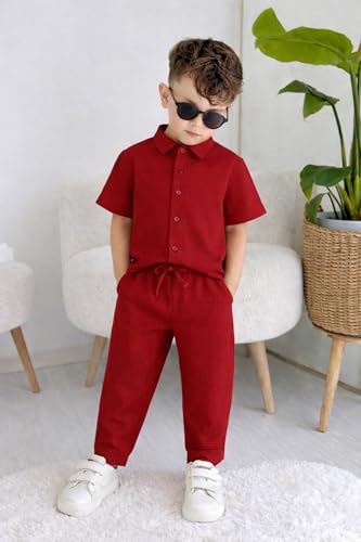 Image of Fashion Dream Boy's Cotton Blend Solid Co-ord Set|Clothing Set|Combo Set|Casual Wear|Coordinate Outfit for Boys|Shirt pant Set|Two-Piece Set