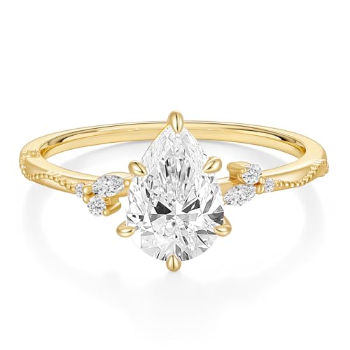 EAMTI 2CT Engagement Rings Pear Cut Wedding Teardrop Bridal Halo Cubic Zirconia Promise Rings for Women Travel Ring 14K Gold Plated Size 5