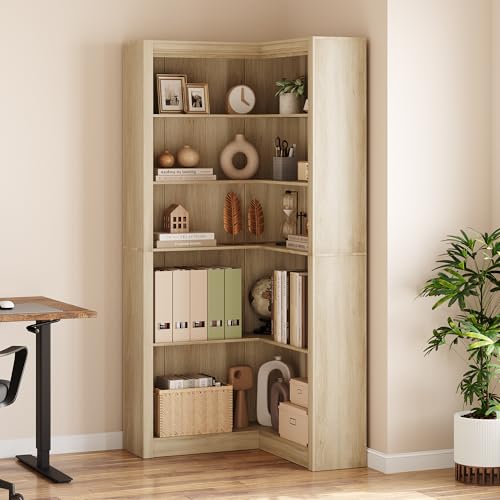 GarveeHome Corner Bookshelf, 71.8'' Farmhouse Corner Bookcase, L-Shaped Bookshelf Large Bookcase, 5 Tier Display Shelf Heavy Duty Bookcases, Bookshelves with Storage (Light Wood)